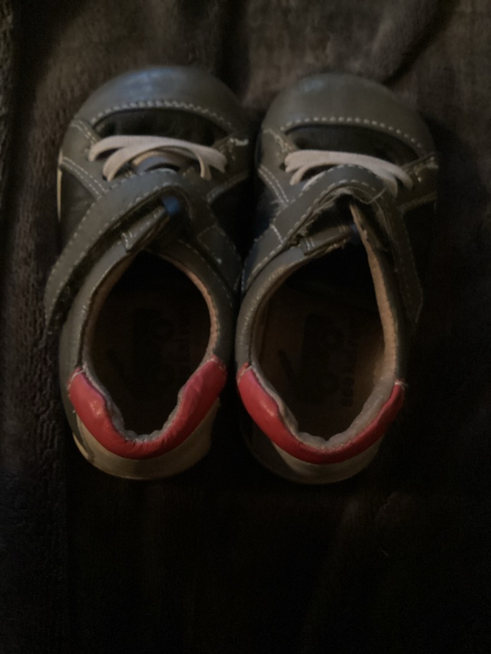 Toddler Gray and Navy Leather Velcro Sneakers with Red Heel Accent
